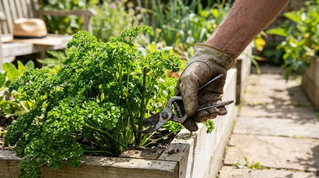 A hand gently harvesting parsley by cutting the outer stems near the base with fresh green parsley leaves visible