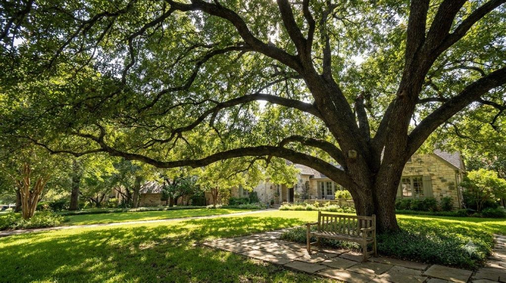 A beautiful mature oak tree standing tall in a well-maintained residential garden with dappled sunlight filtering throug