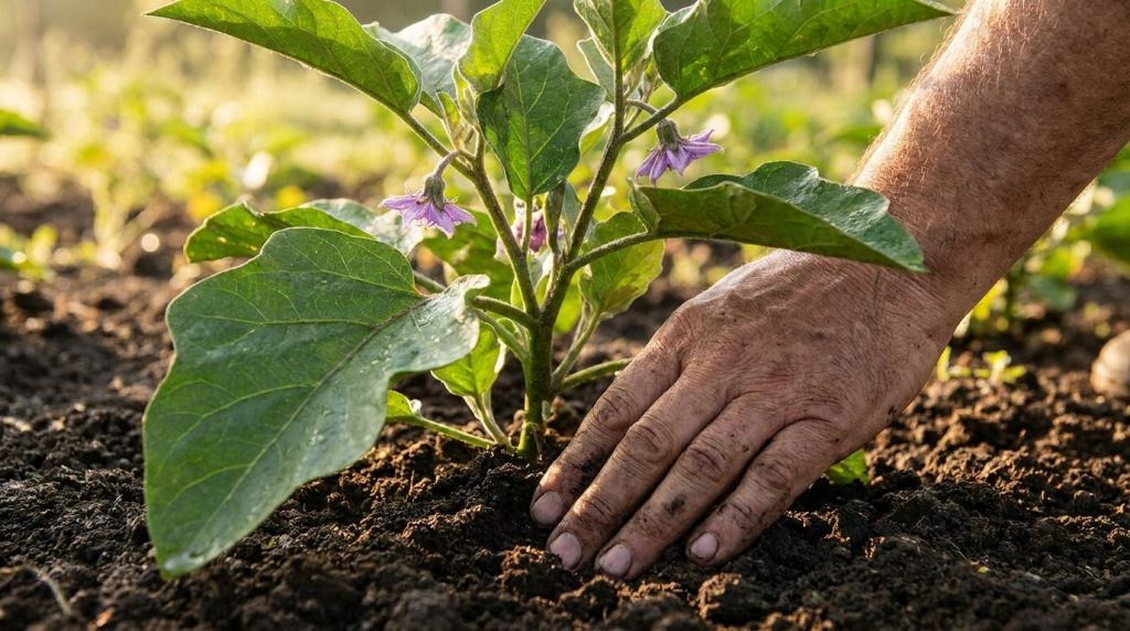 A gardener checking the soil moisture around an eggplant plant with lush green foliage and purple flowers in a sunny gar