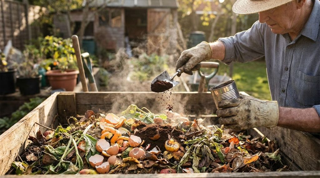 A gardener adding coffee grounds to a compost bin filled with organic waste
