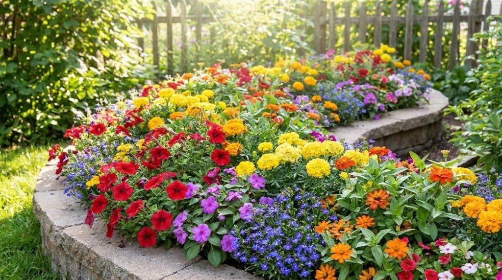 A vibrant garden bed filled with colorful annual flowers like petunias marigolds and impatiens showcasing a profusion of