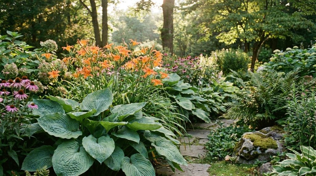 A lush perennial garden featuring hostas daylilies and coneflowers creating a textured and established landscape