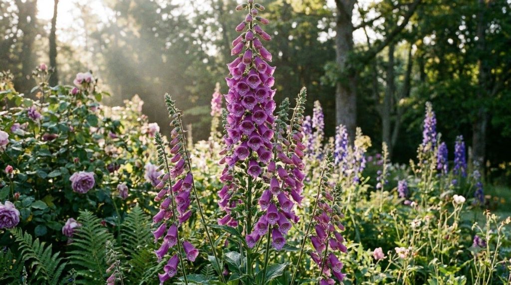 A beautiful foxglove plant with its tall spire of purple flowers blooming in a cottage garden