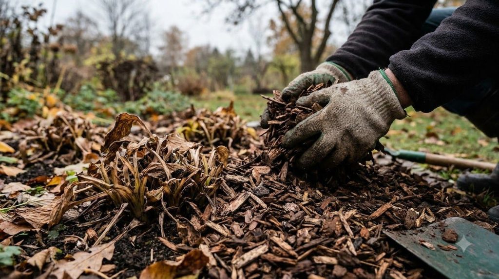 A gardener adding a generous layer of wood chip mulch around the base of several dormant hosta plants in a garden bed