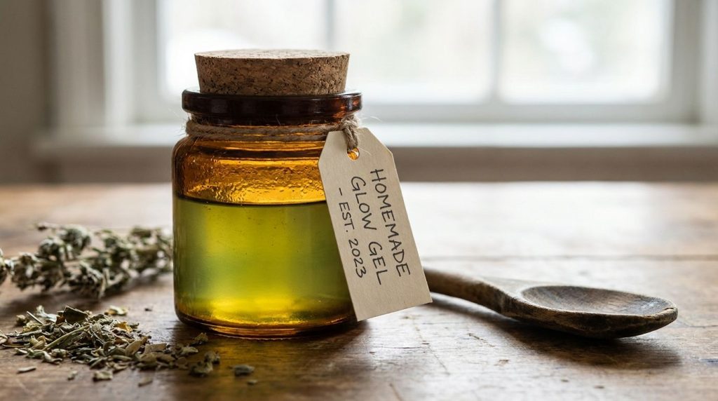 A close-up shot of a small airtight amber glass jar of homemade glow gel on a clean wooden surface emphasizing its longe