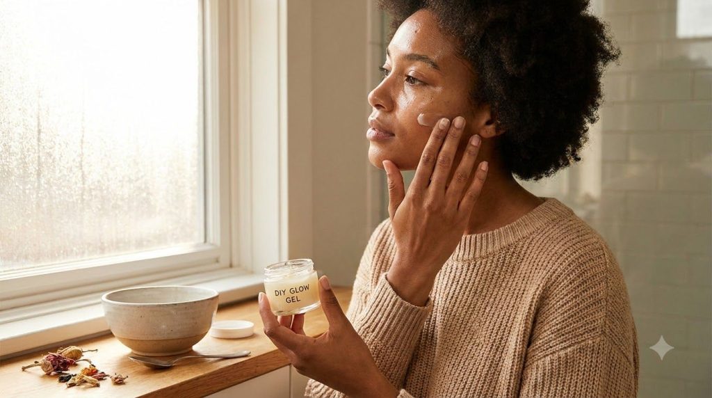 A woman gently applying a small amount of the DIY Vaseline glow gel to her cheekbone for a dewy look with soft natural l