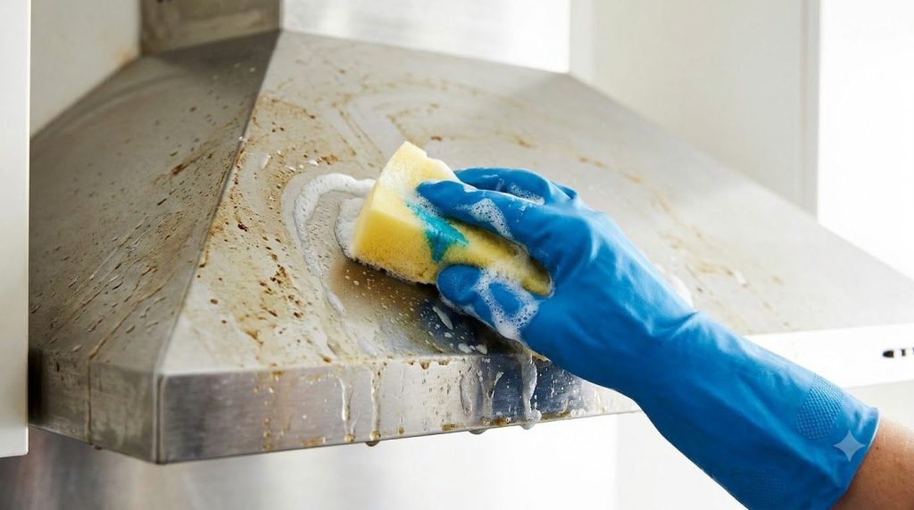 Close-up of a hand applying the foam and dish soap mixture onto a greasy stainless steel range hood with a soft sponge