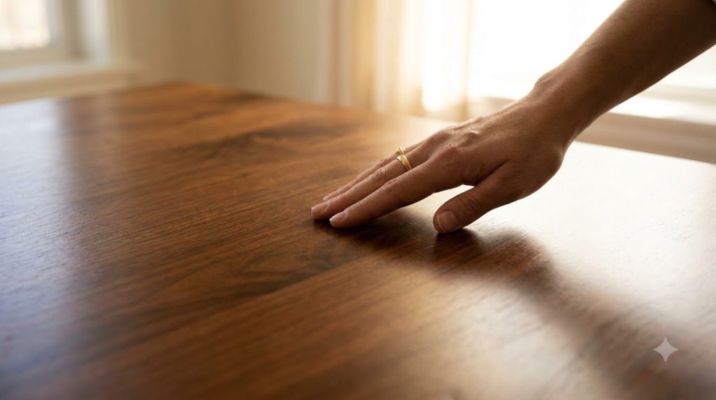 A perfectly clean wooden table surface where a water stain used to be now polished and shining with a hand gently touchi