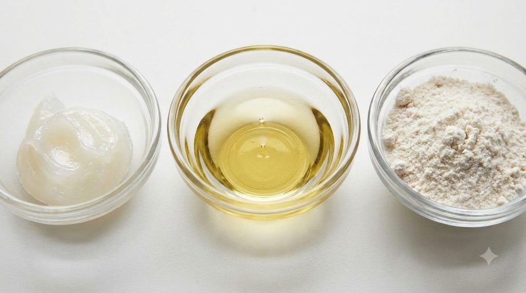 Three small bowls each containing one ingredient Vaseline baby oil and rice flour arranged neatly on a clean surface