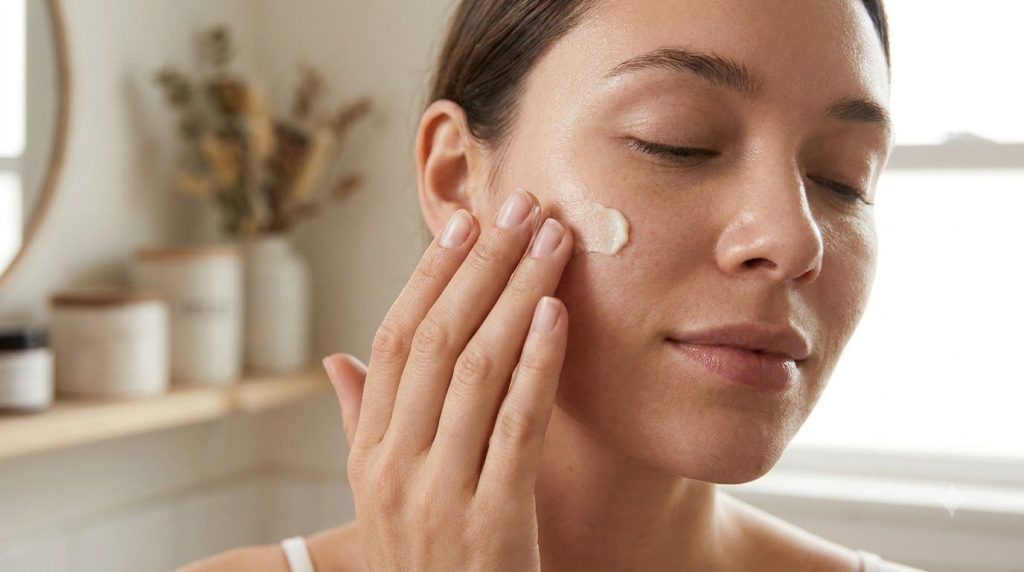 A person gently massaging a small amount of the homemade cream onto their clean face focusing on the cheek area with sof