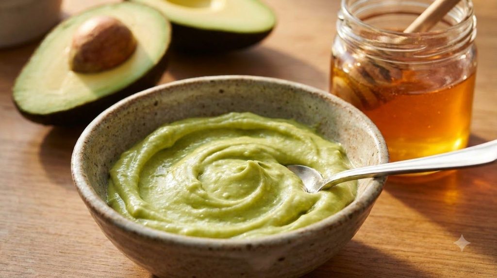 A close-up of a freshly made avocado and honey face mask in a small bowl ready for application with fresh avocado and a