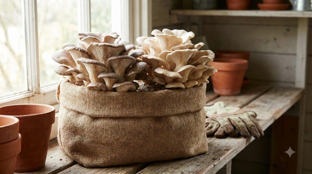 A close-up shot of beautiful healthy oyster mushroom clusters growing out of a grow bag or log ready for harvest in a ho