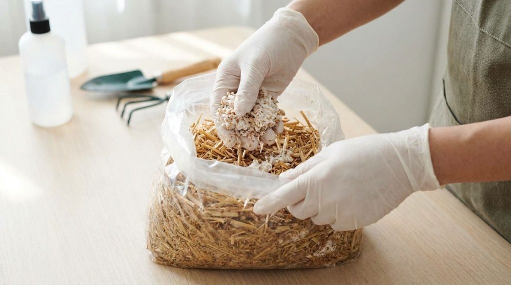 A person carefully mixing oyster mushroom grain spawn into a prepared pasteurized straw substrate inside a clear plastic