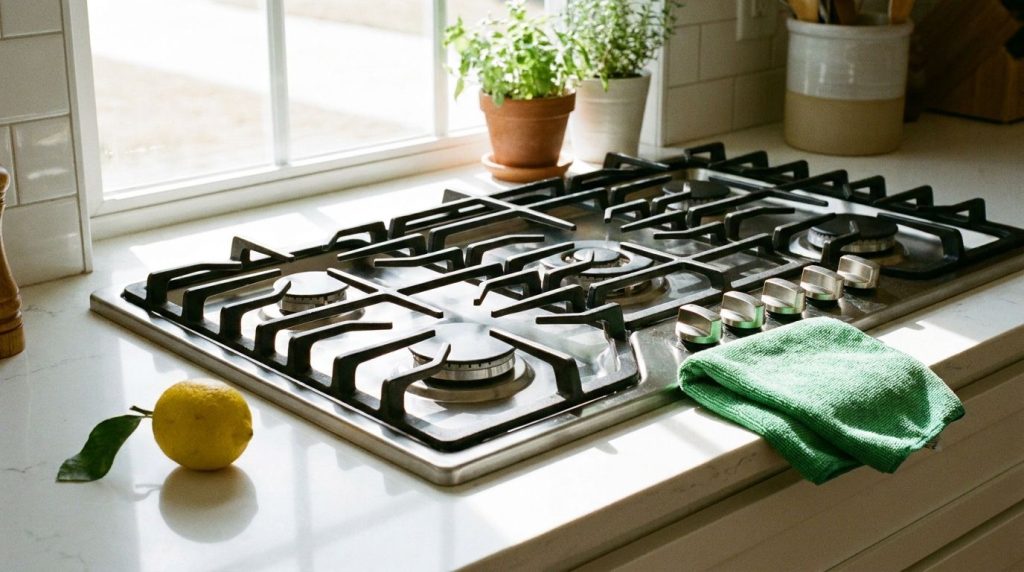A sparkling clean gas stove and kitchen counter after using the natural cleaner with a fresh lemon and green cleaning cl