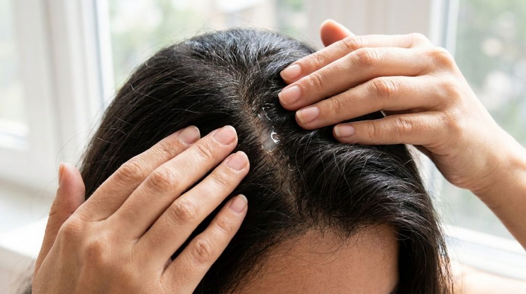 A person gently massaging a clear liquid treatment into their scalp with their fingertips showing a close-up of healthy 