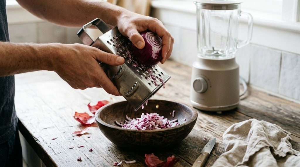 Hands grating a red onion over a bowl with a small blender nearby illustrating the preparation of the onion hair treatme