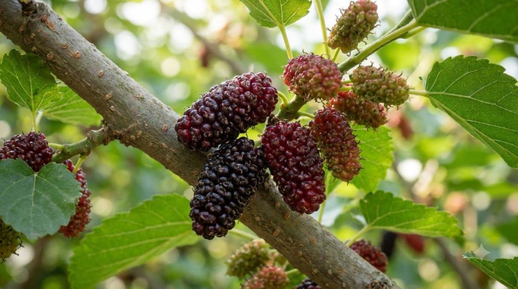 A close-up shot of fresh ripe mulberries still on the branch vibrant and ready for harvest