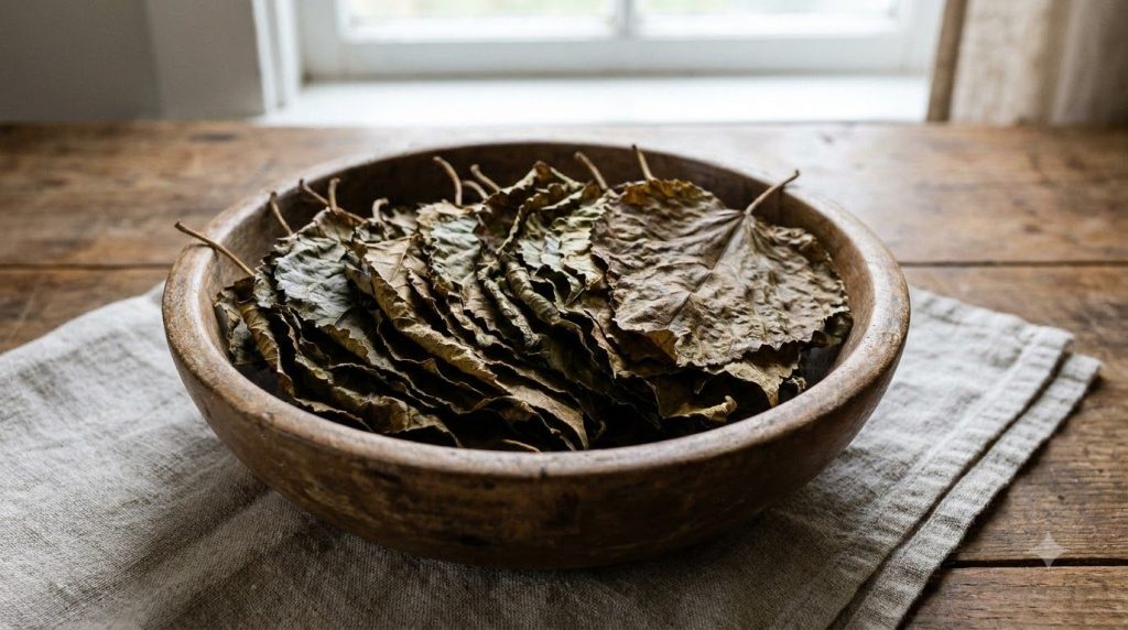 Dried mulberry leaves neatly arranged in a wooden bowl ready for tea preparation