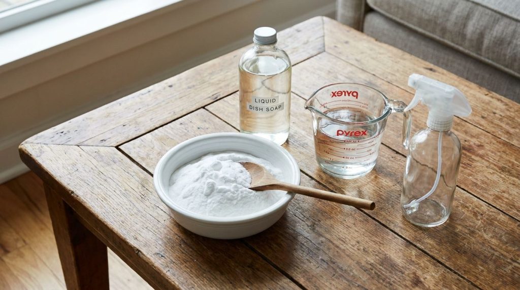 Ingredients for DIY couch cleaner baking soda in a bowl dish soap bottle measuring cup and a clear spray bottle on a tab