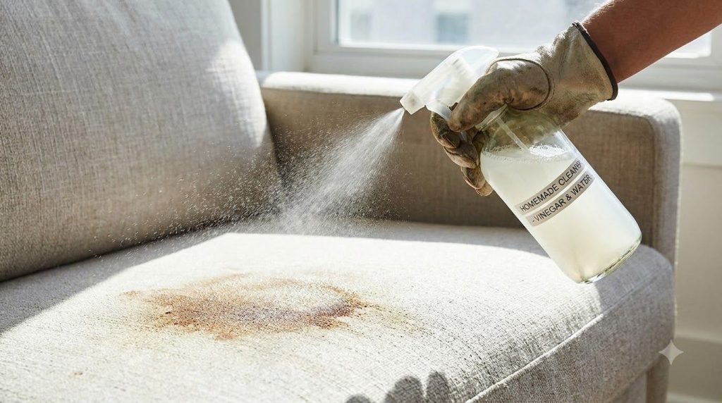 A person s hand spraying a homemade cleaning solution from a spray bottle onto a stained sofa with the mist visible