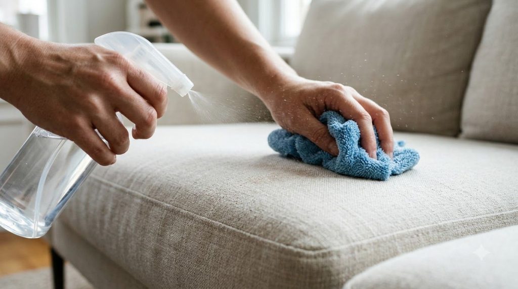 A hand spraying a cleaning solution onto a couch stain and blotting it with a microfiber cloth