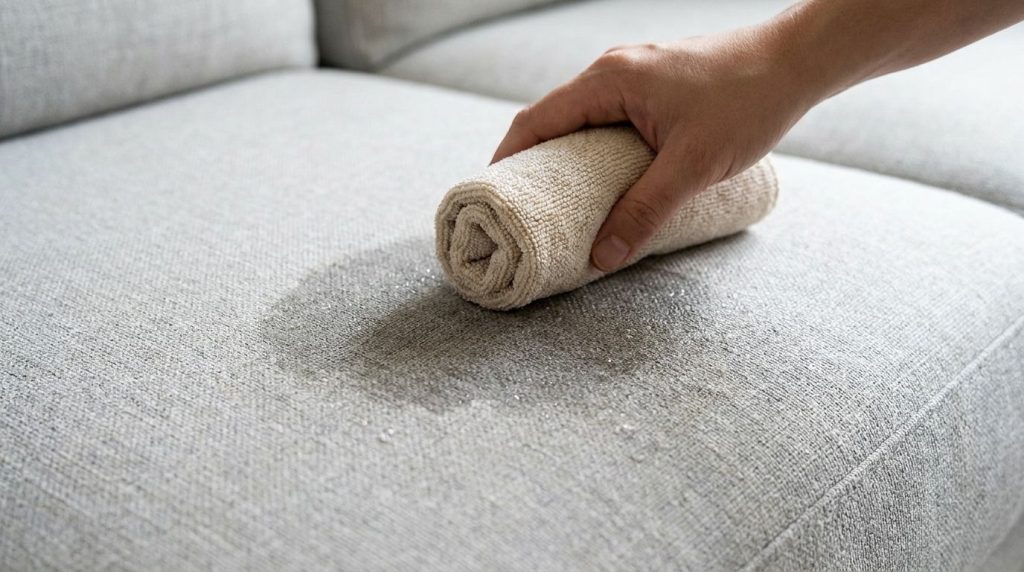 A close-up of a hand using a clean microfiber cloth to blot a wet patch on a sofa after applying a cleaning solution