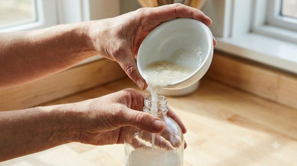 Hands pouring a homemade cleaning solution from a bowl into a clear spray bottle