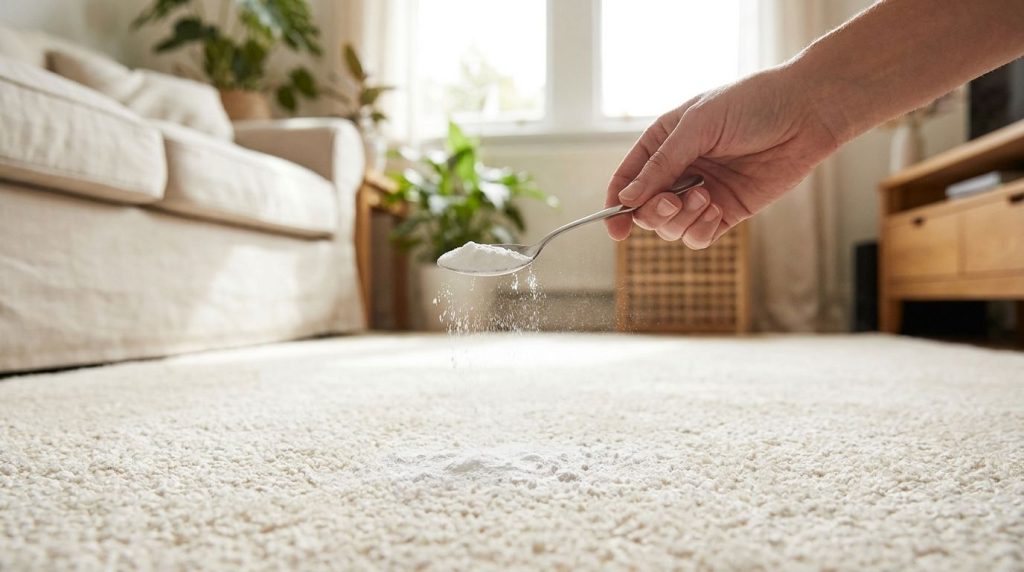 A hand sprinkling baking soda on a carpet to neutralize odors showing a fresh clean result