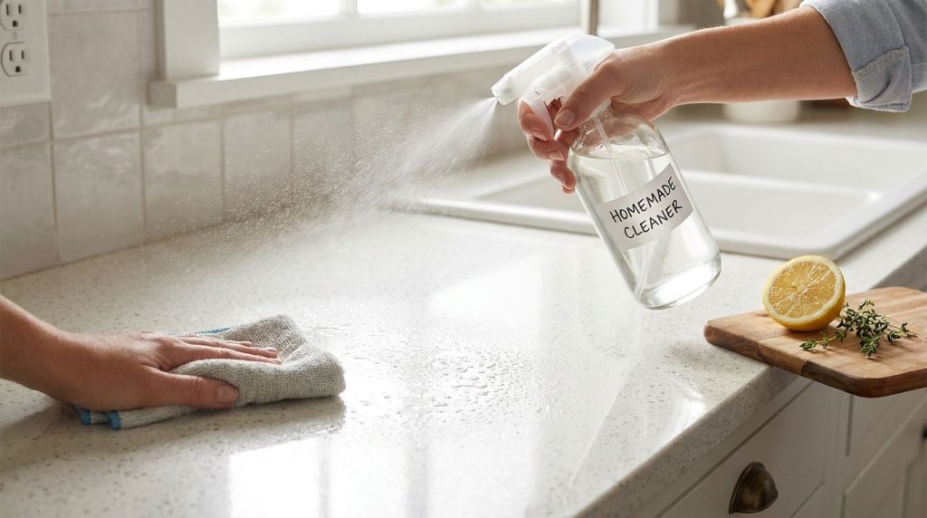 A kitchen counter being cleaned with a homemade solution in a spray bottle showing sparkling clean surfaces and a fresh 