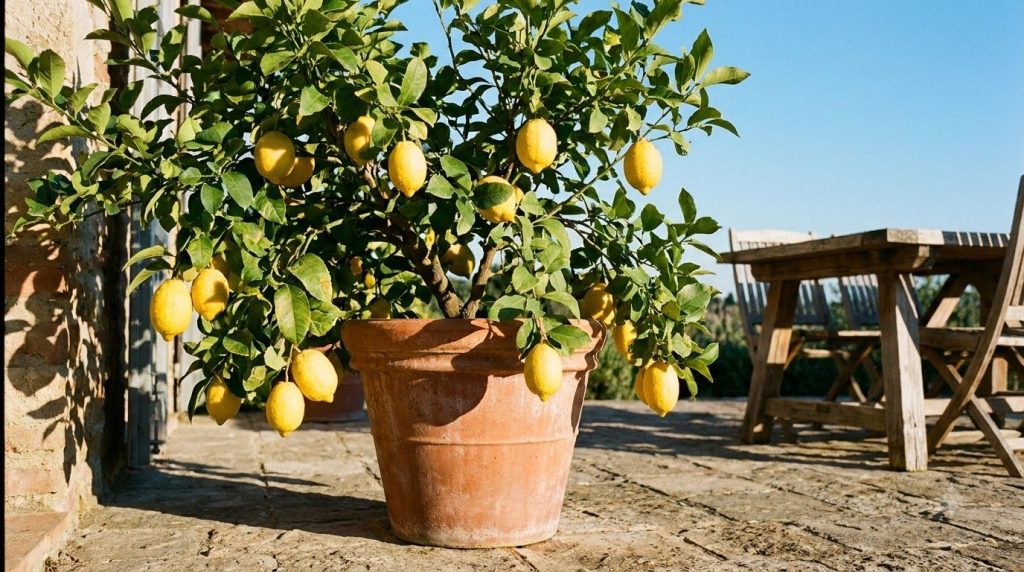 A potted citrus plant thriving with lush green leaves and multiple bright yellow lemons suggesting successful fertilizat