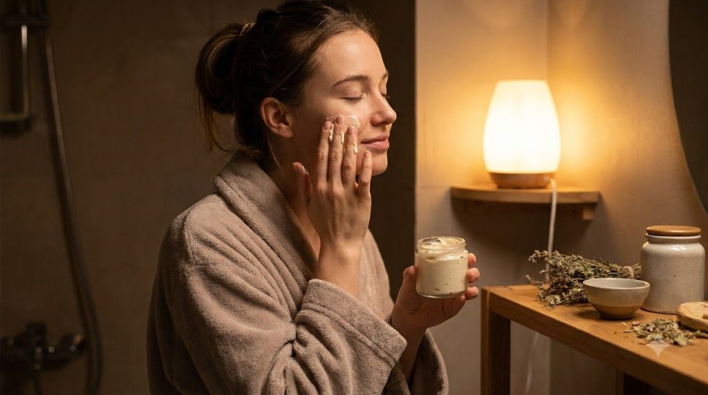 Una mujer joven aplicando cuidadosamente una crema casera en su rostro durante su rutina de cuidado de la piel nocturna