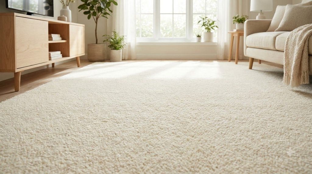 A perfectly clean light-colored carpet where a coffee stain used to be with no visible trace of the spill showcasing the