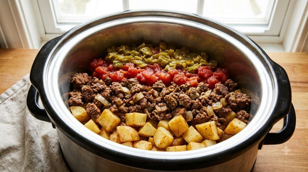 Layers of cubed potatoes browned ground beef mixture diced tomatoes and green chiles visible in the insert of a slow coo