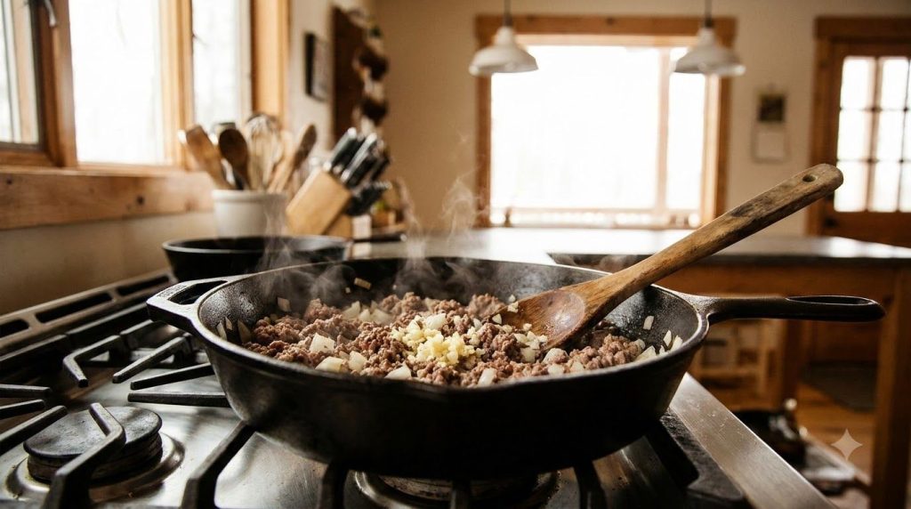 Ground beef browning in a skillet with chopped onions and garlic ready to be seasoned The beef is mostly crumbled and ta