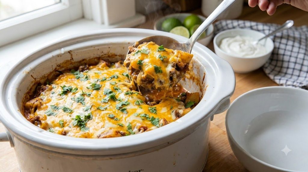 A finished slow cooker beefy potato taco casserole topped with melted cheese and fresh cilantro being scooped out into a