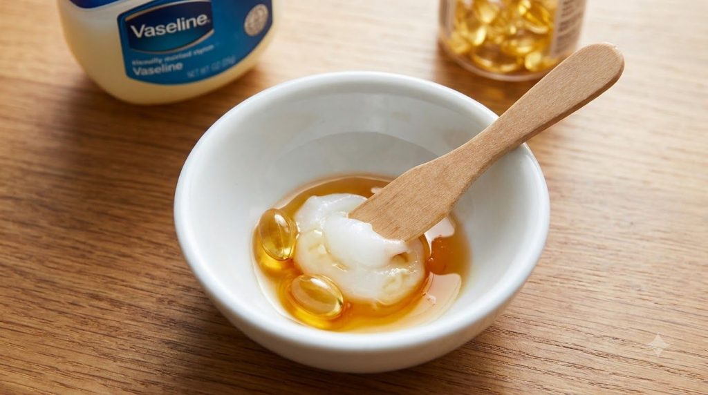 A small clean bowl with white Vaseline and the liquid from two golden vitamin E capsules being mixed together with a min