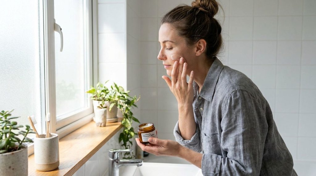 A woman gently applying a small amount of the Vaseline and vitamin E balm to her face focusing on her cheek and eye area