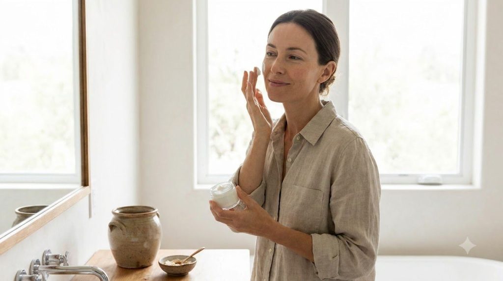 A woman gently applying a homemade cream to her face with a soft radiant glow suggesting a beauty routine moment