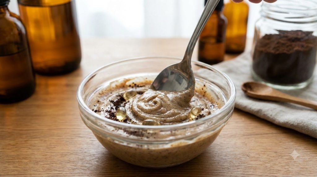 Close-up of a small bowl with Vaseline baby oil coffee grounds and vitamin E oil being mixed together with a spoon to fo