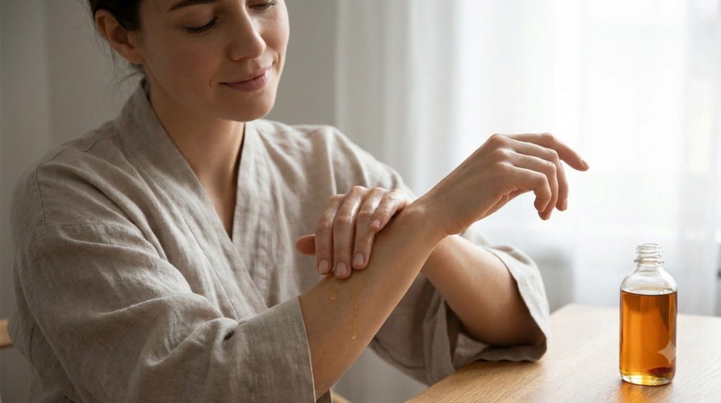 A woman gently massaging infused baby oil onto her arm showcasing smooth radiant skin The setting is bright and calm