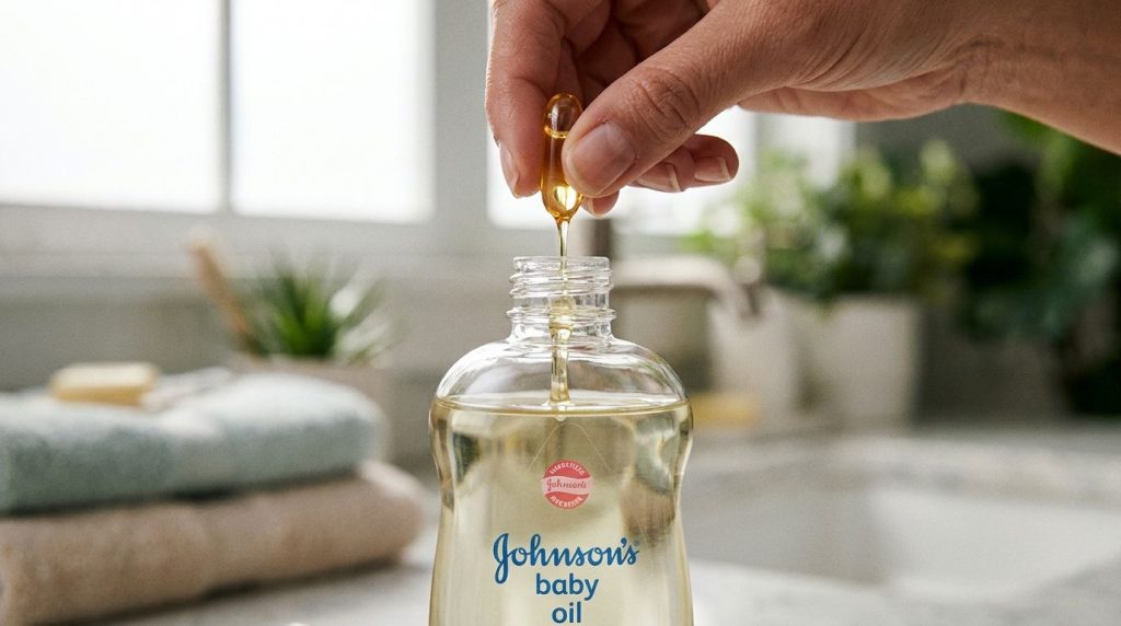 A close-up of a small glass bottle with Johnson s baby oil showing drops of liquid vitamin E being squeezed from a capsu