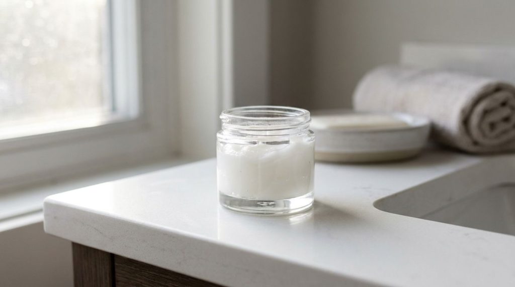 A small glass jar filled with the prepared homemade anti-aging gel Vaseline and baby oil mix with a soft smooth texture 