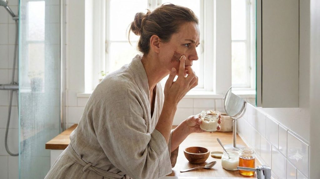 A woman applying a small amount of a homemade mask to a dark spot on her cheek