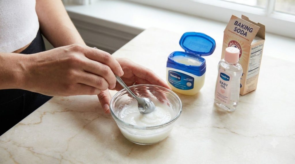 Hands mixing baking soda Vaseline and baby oil in a small glass bowl to form a paste