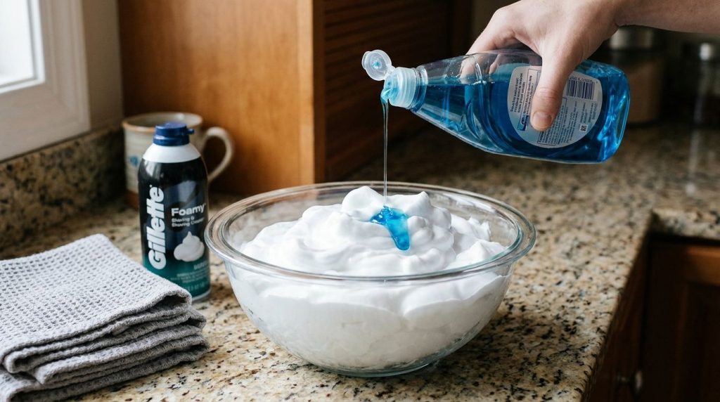 A hand pouring blue dish soap into a glass bowl filled with white shaving foam on a kitchen countertop A can of shaving