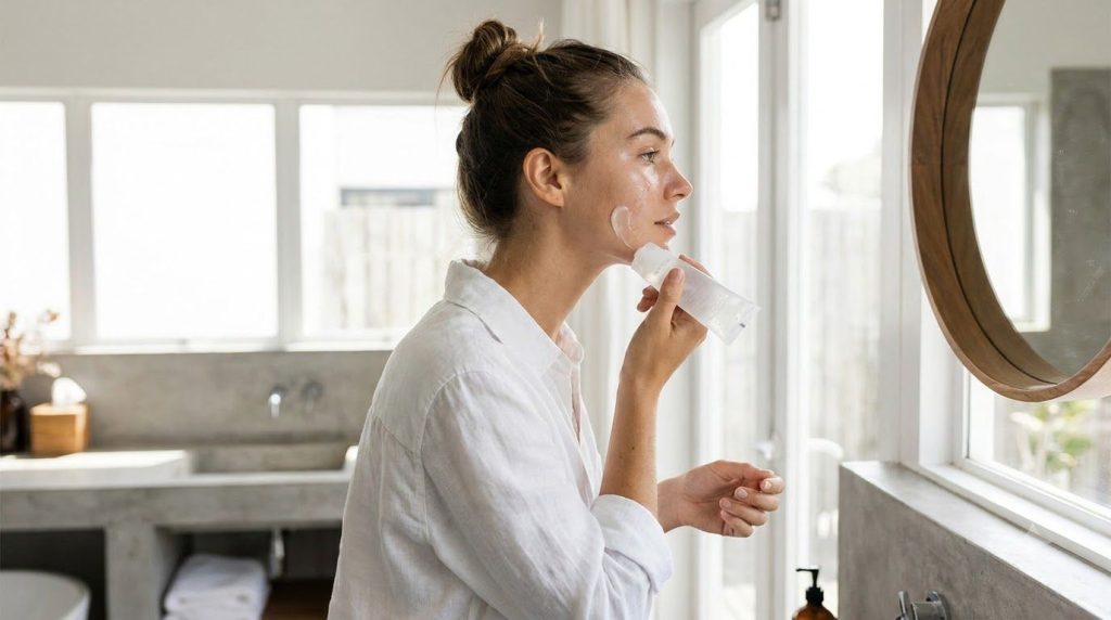 A woman gently applying a white gel to her face looking in a mirror in a well-lit bathroom