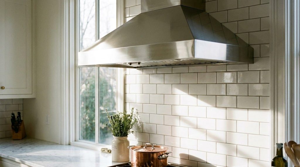 A clean sparkling stainless steel range hood and glossy white backsplash tiles completely free of grease reflecting ligh