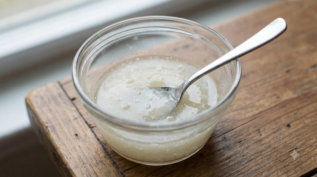 Close-up of a small glass bowl with a homemade gel mixture of crushed aspirin and baby oil with a spoon