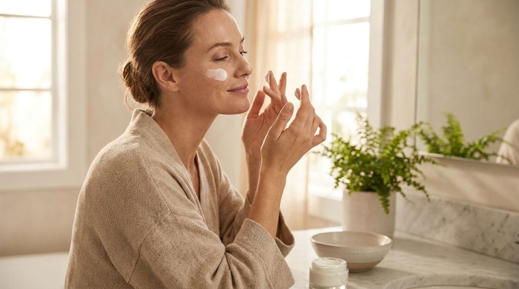 A woman gently applying the DIY glowing skin remedy to her cheek in a bathroom with a soft natural expression demonstrat
