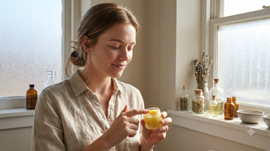 A woman gently applying the homemade Vaseline balm to her face focusing on areas with fine lines or dark spots in a soft